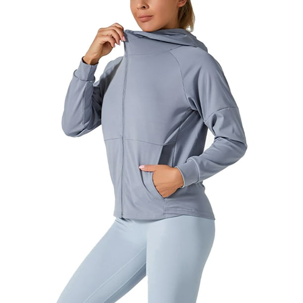 Fashnice Ladies Workout Top Long Sleeve Track Jacket Solid Color Yoga  Jackets Athletic Running Tunic Gray Lake Blue XL 