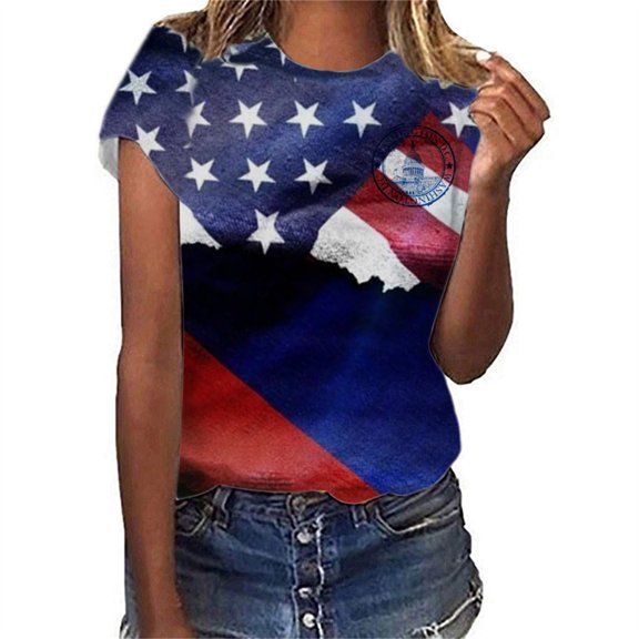 Lilgiuy Womens Plus Size Tops Independence Day Causal Round Neck Printing Blouse Short Sleeve T-Shirt
