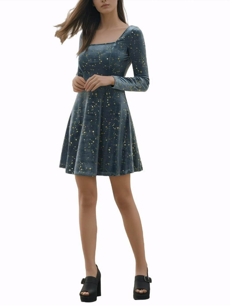 Inspire Chic Women's Party Dresses Stars Print Square Neck Vintage Prom Mini Velvet Dress M Gray