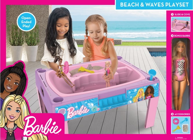 Barbie Beach & Waves Playset, Sand & Water Table for Children, Glossy Pink, Caucasian Doll, Ages 3+