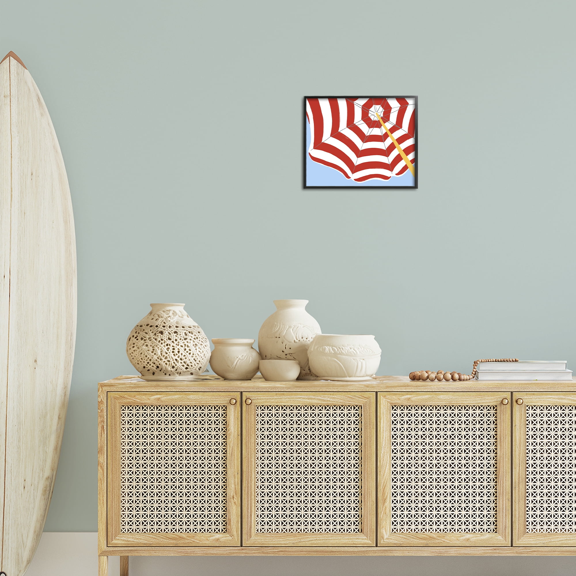 Stupell Industries Red & White Umbrella Coastal Painting Black Framed Art Print Wall Art, 14 x 11