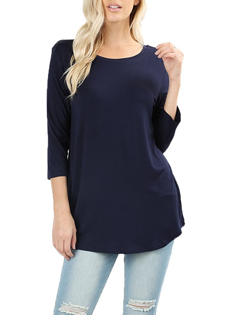 Women Boat Neck 3/4 Sleeve Rayon Draped Dolphin Hem Tunic T-Shirt Top ...