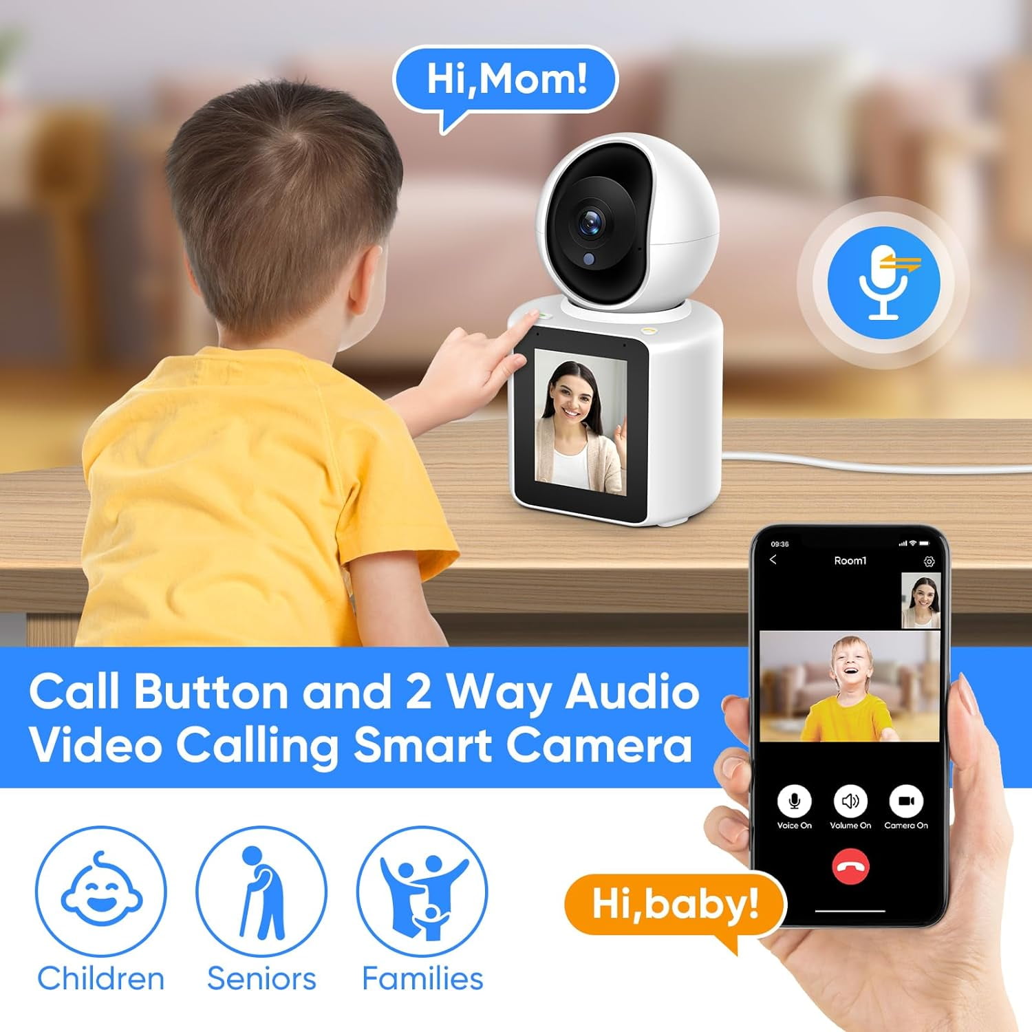 Two-Way Video/Audio Indoor Camera, Child/Elder/Dog/Pet Camera with Phone App, 2.8In Screen, 1080P Home Security Camera with Night Vision, One-Button Call