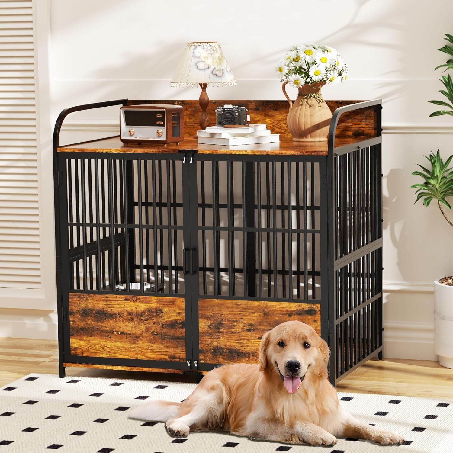48" Dog Crate Furniture with Adjustable Bowls, Indoor Furniture Style Wooden Dog Kennel, Decorative Dog Cage End Table for Small, Medium Dogs, Brown