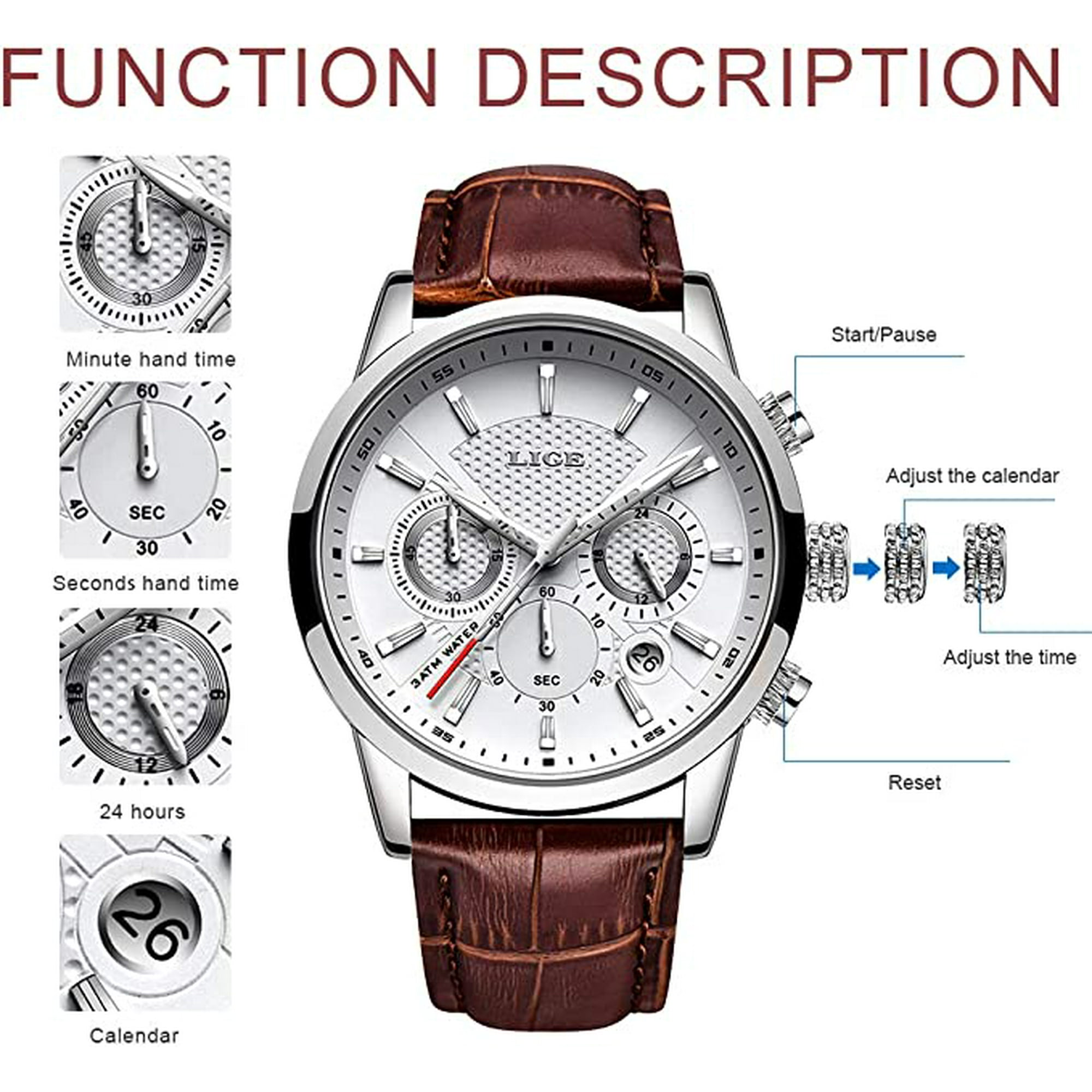 LIGE men s leather watch with chronograph waterproof business sport design stainless steel men s date watch black silver men s wrist watches Walmart