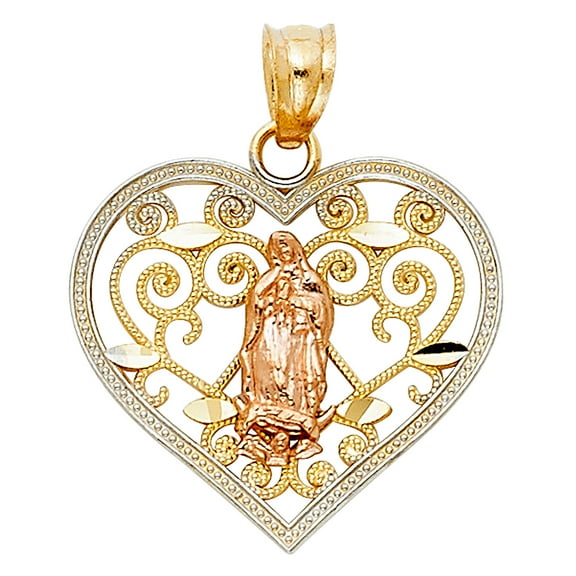 14k Tri-Color Gold Quinceanera Gift Virgin Mary Heart Medal Pendant Faith Charm Jewelry Female