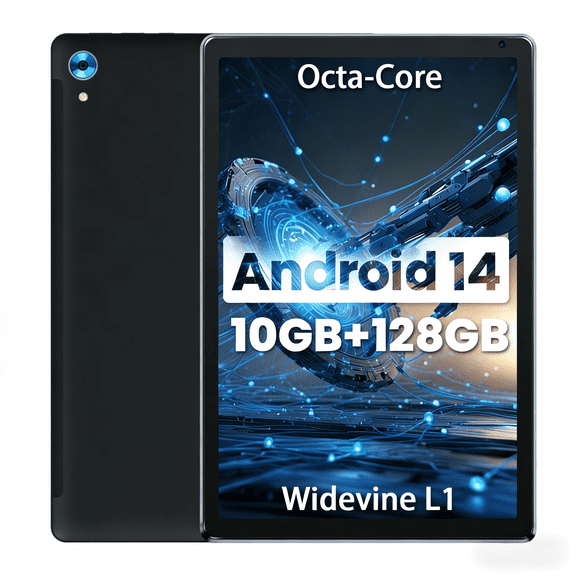 Bestski 10.1'' Android 14 Tablet with Octa-core Processor 10GB RAM 128GB ROM/1 TB Expansion HD IPS Touchscreen,Wi-Fi 6, BT 5.0, Dual Camera,Widevine L1,Black