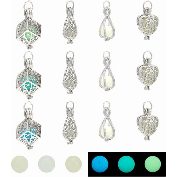 12 Pcs Bright Silver Cage with Glow in the Dark Beads 12 Styles Luminous Stone Pendants Brass Bead Cage Pendants Twist Water Drop Pearl Cage for DIY Valentine's Day Jewelry Making and Crafting