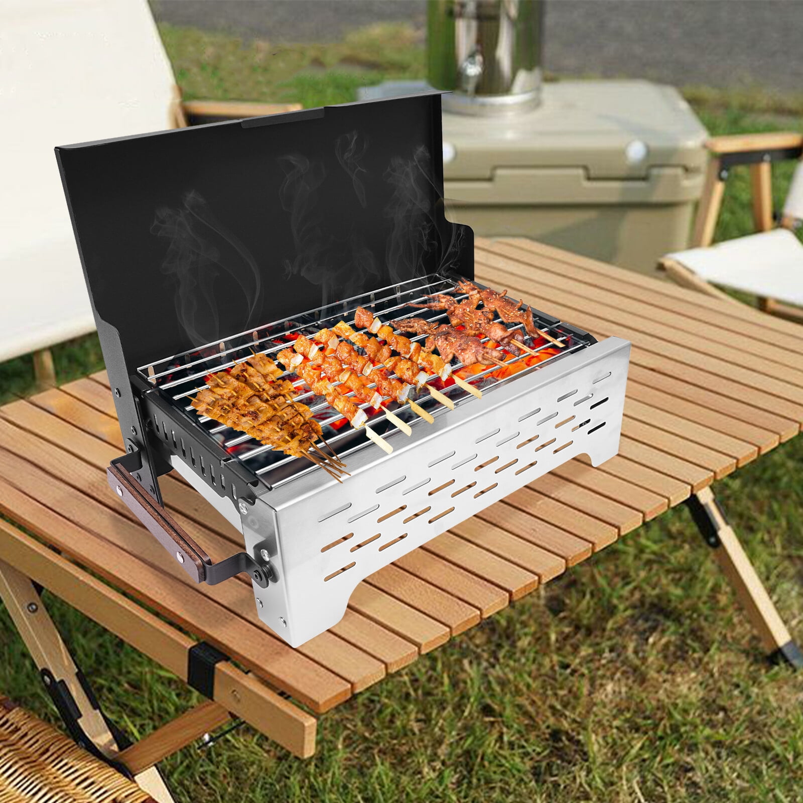 Charcoal Grill, Heavy Duty Iron Stainless Steel Grill with 4 Side Vents, Portable Charcoal BBQ for Outdoor Cooking Patio