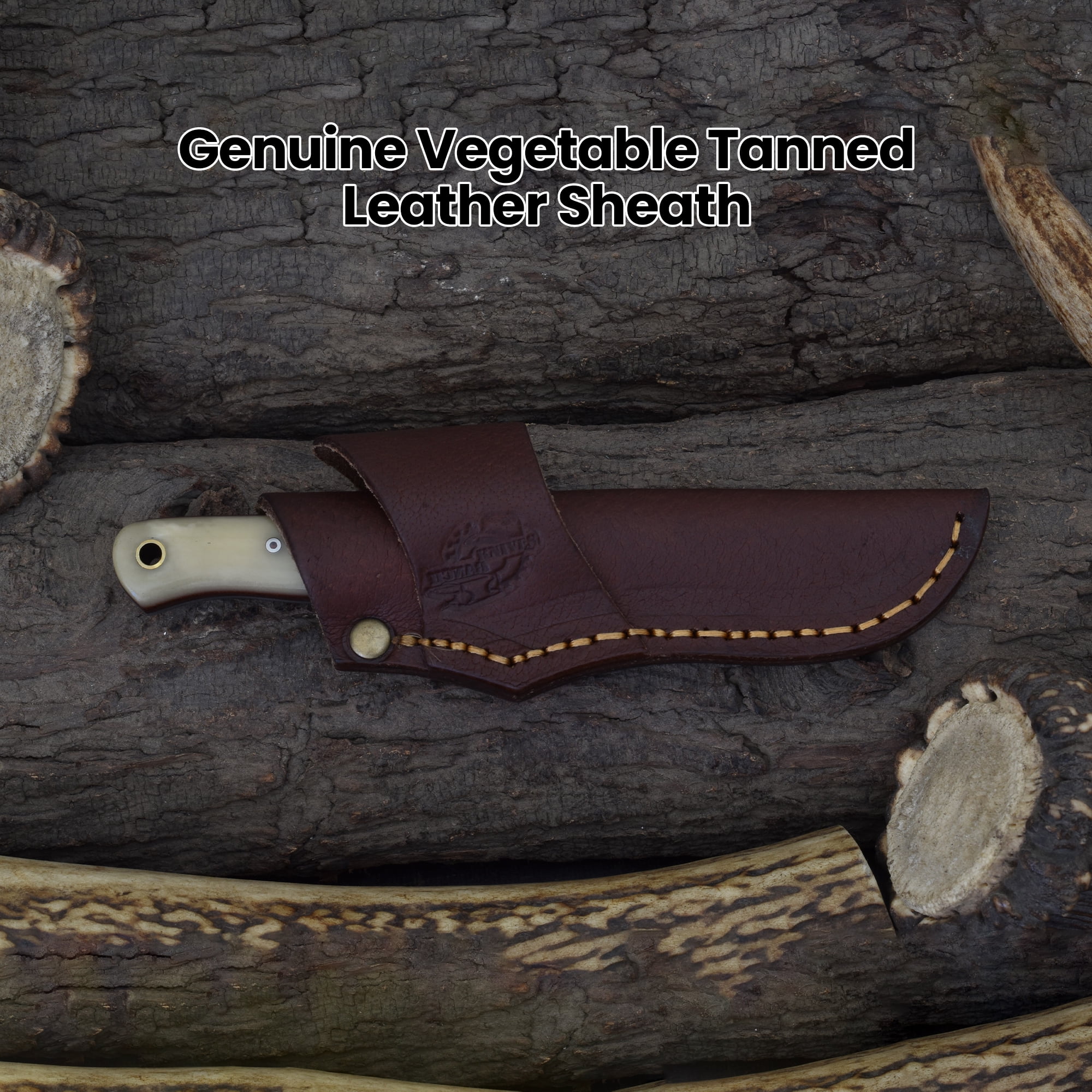 Knives Ranch Handmade 7 inch EDC Tanto Knife - Full Tang Damascus Steel Blade - Compact Everyday Ranch Utility Knife - Natural Cattle Handle - Genuine Leather Sheath - Horizontal Belt Carry (Snug Fit