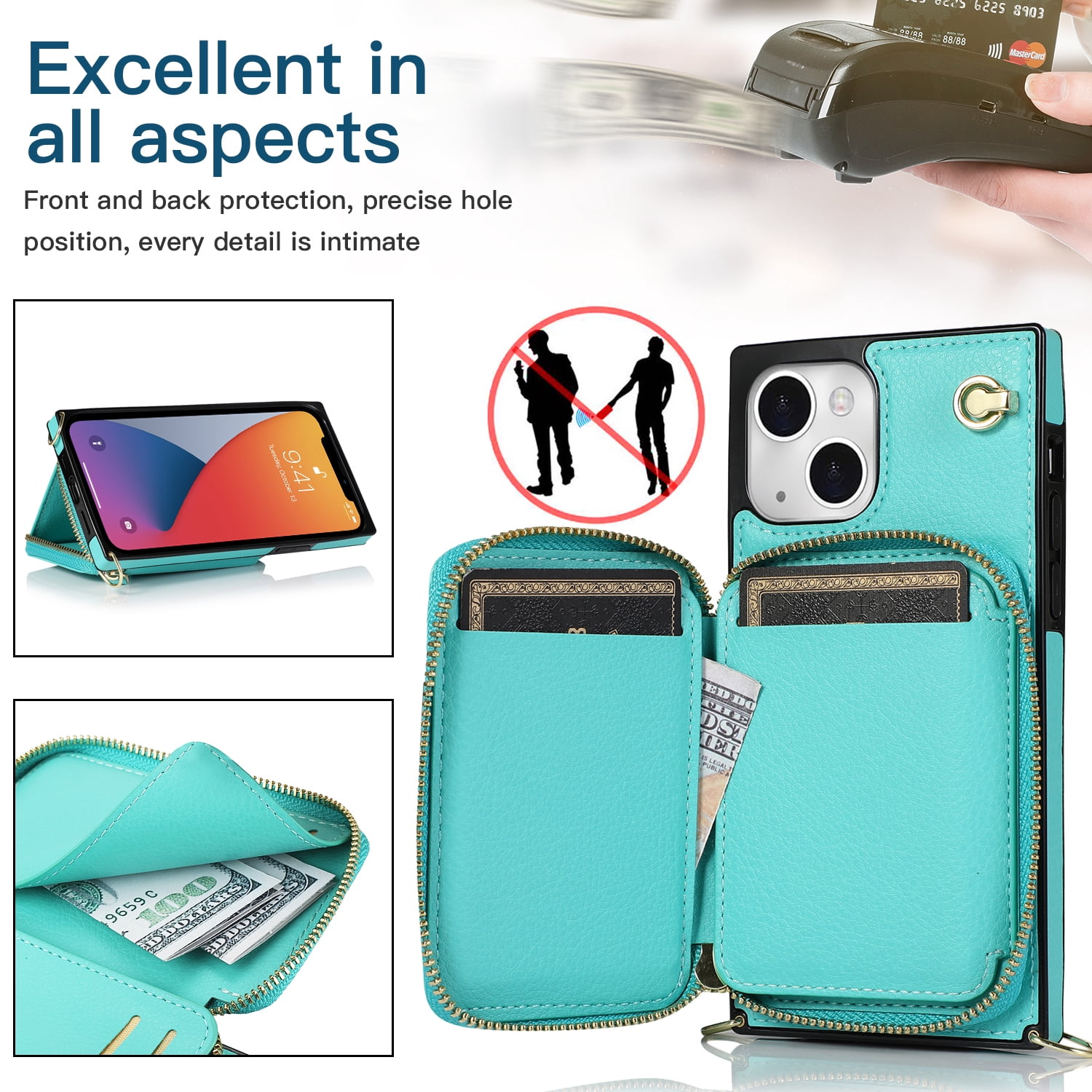TECH CIRCLE For iPhone 12 Mini Wallet Case,Card Holder Phone Case for Women, Zipper PU Leather Purse Kickstand Folio Flip Case with Crossbody Strap for Apple iPhone 12 mini 5.4" 2020,Mint