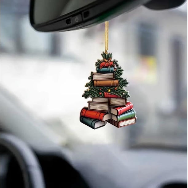 1 pieza de colgante de acrílico con forma de libro de árbol de Navidad en 2D para amantes de los libros de Navidad, colgante para espejo retrovisor interior del coche, accesorios exquisitos para