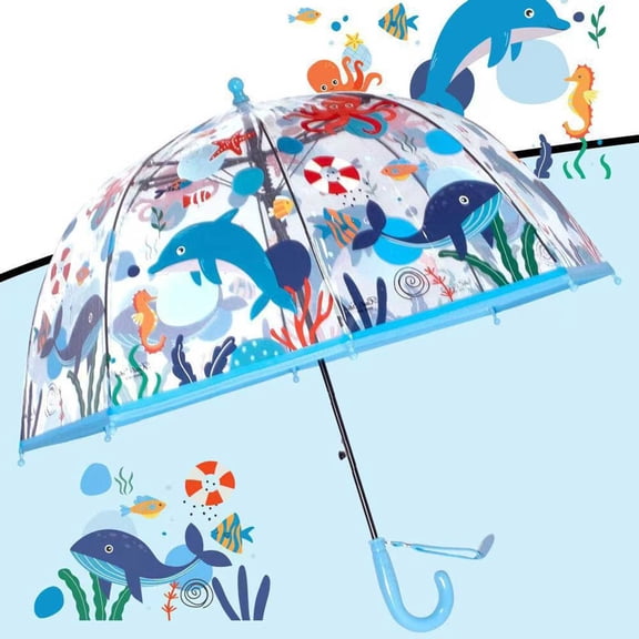 Transparent Bubble Umbrella, Long Handle Dome Umbrella, Waterproof Clear Umbrella with Ocean Print, 8 Ribs Windproof Umbrella for Outdoor