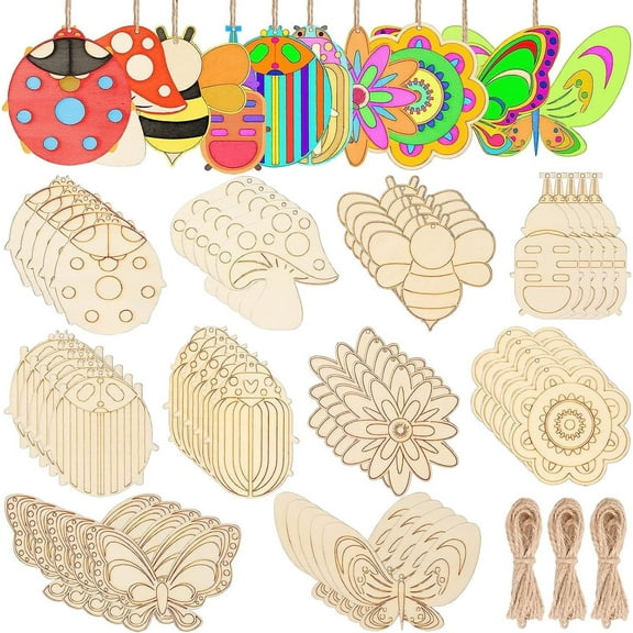 Kabuer Unfinished Wooden Ornaments for Painting, DIY Craft Decorations for a Creative Summer, 60 Pcs