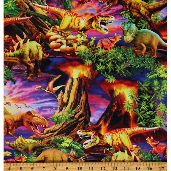 Cotton Dinosaurs Dinos Jurassic Animals Prehistoric Age Dinosaur Sunset Multicolor Cotton Fabric Print by the Yard (MICHAEL-CD2407-SUNSET)