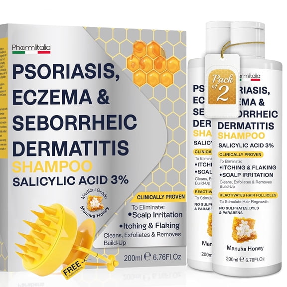 Pharmlitalia Psoriasis Shampoo for Dry & Itchy Scalp with Salicylic Acid 3% - Psoriasis Scalp Treatment for Eczema Relief, Seborrheic Dermatitis, Ringworm & Folliculitis (6.76 Fl Oz (Pack of 2))