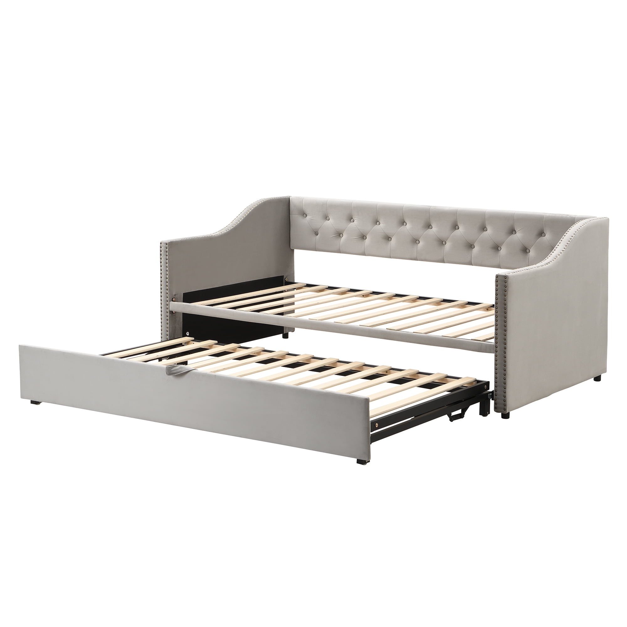Aukfa Twin Daybed with Pop-Up Trundle, Velvet Upholstered Bed Frame with Button Tufted Back and Nailhead Trim, Space Saving Guest Bed for Kids Room/Living Room, Gray