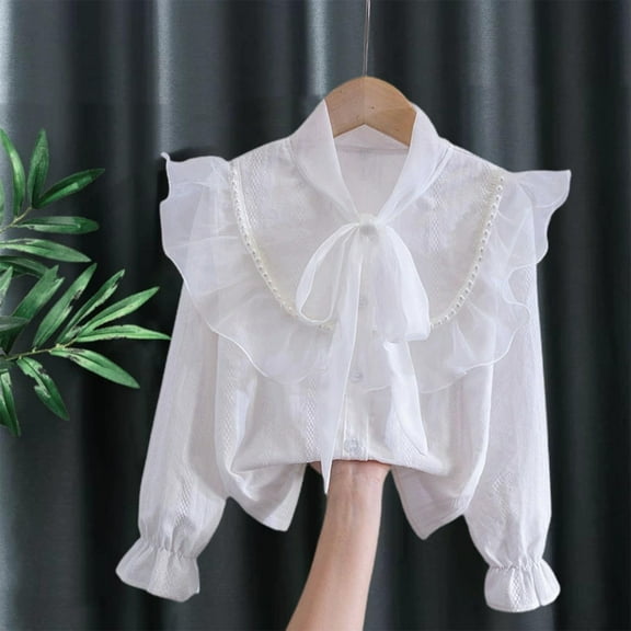 UQJfacai Girls Button Down Shirt Mesh Ruffle Long Sleeve Smocked Blouse Pearl Decor Bow Front Tie Neck Cute Top 3-14 Years