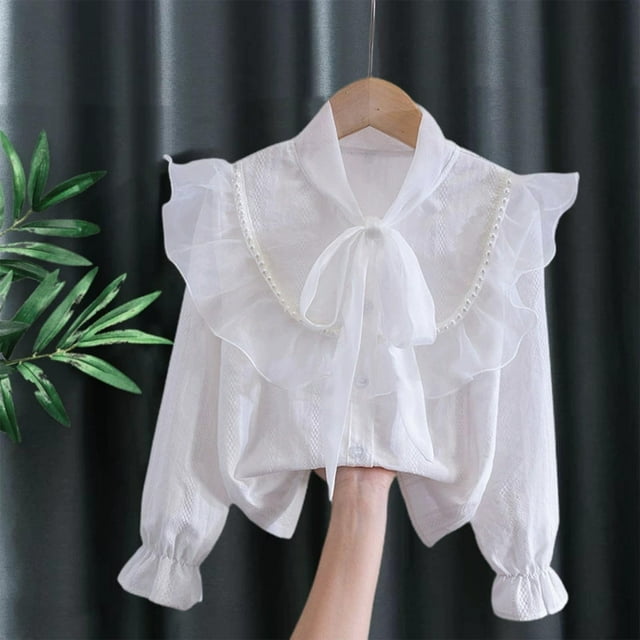 Girls Ruffle Button Down Shirts with Pearl, Kids Long Sleeve Bow Tie School Uniform Shirts 3-14 Years