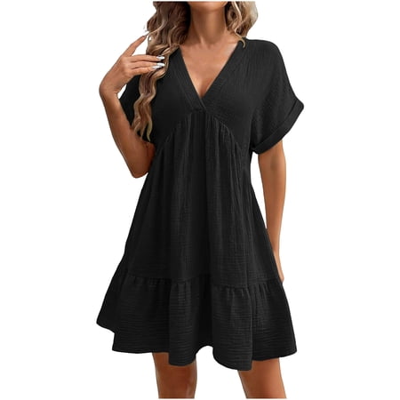 SAFUNY Women s Crewneck Dress Short Sleeve Ruffle Cuff Pullover Lightweight Beach Picnic Vacation Dress Black S