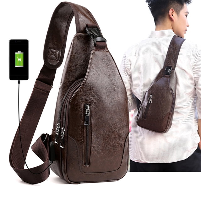 Sling Bag For Men Women,Leather Sling Bag,Shoulder Backpack Chest Bags Crossbody Daypack With USB And Earphone Hole For Hiking Camping Outdoor Trip