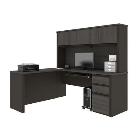 UPC: 0063753060707 | Bestar 99872-000047 Prestige Plus L-Shaped Workstation Desk with One Pedestal – Bark Gray & Slate – 71.10 x 65.90 x 82.90 in.