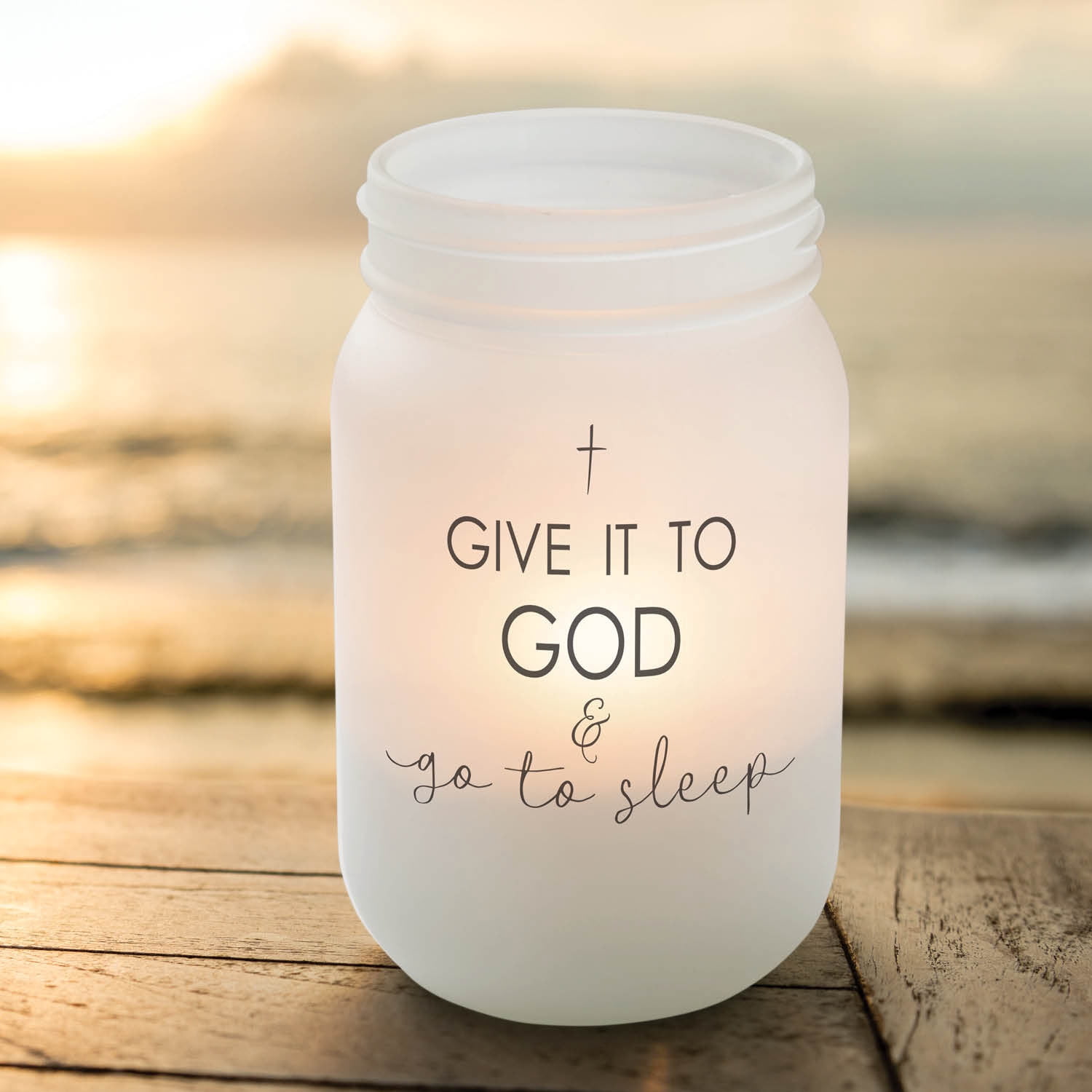 Personalized Planet Give It To God and Go To Sleep Frosted Glass Mason Jar Votive Candle Holder