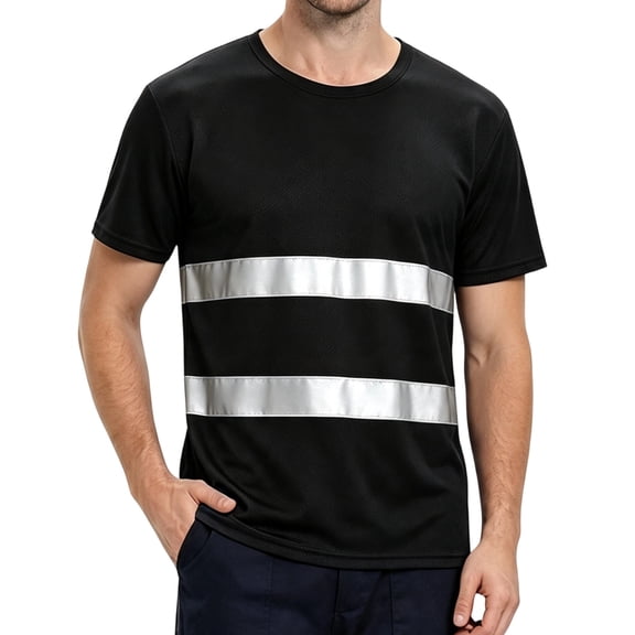 TOMVIGX Men Reflective Quick Dry T Shirt Night Running Cycling High Visibility Safety Workwear Black L