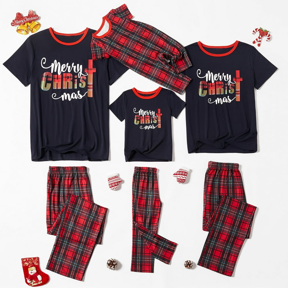 PatPat - PatPat Merry Christmas Letter Print Short-sleeve Top and Plaid Pants Family Matching 