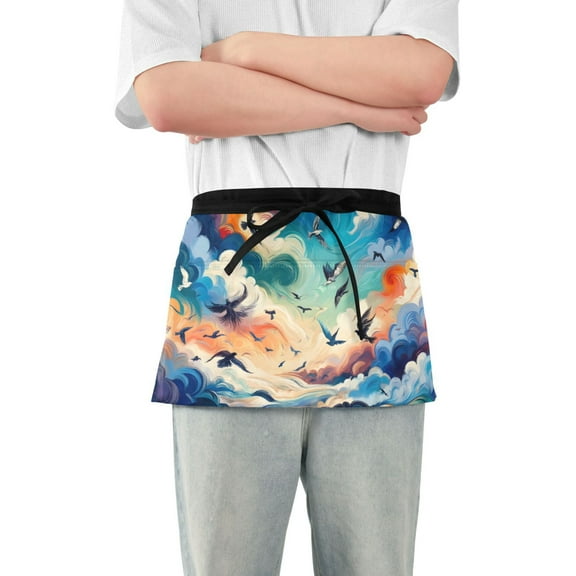 Birds Fly in Fantastic Sky Server Apron with 3 Pockets Waterproof Waitress Waist Short Apron for Man Woman 12 Inches