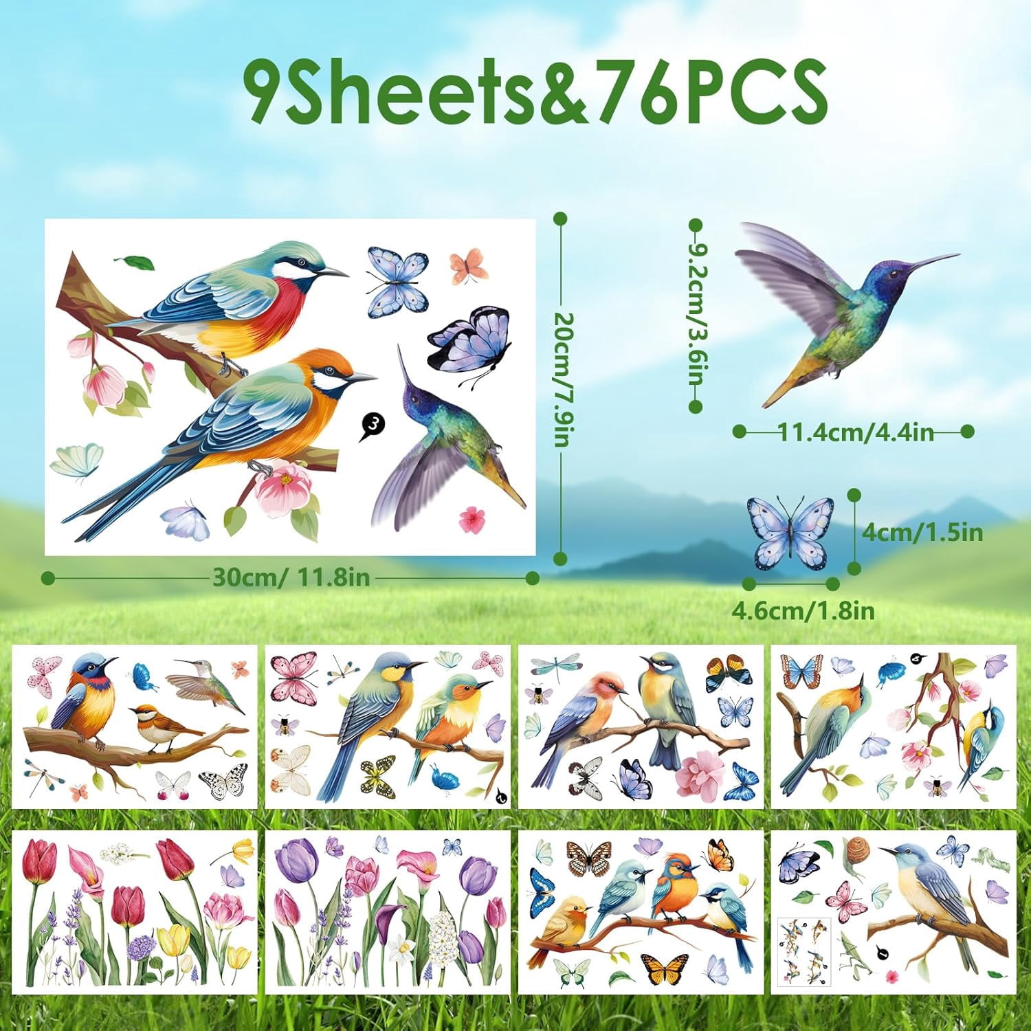 Spring Window Clings, 9 Sheets 76 PCS Tulip Window Clings with Bird Branch Butterfly Double Sided Reusable Spring Holiday Decorations Spring Decor for Room Office