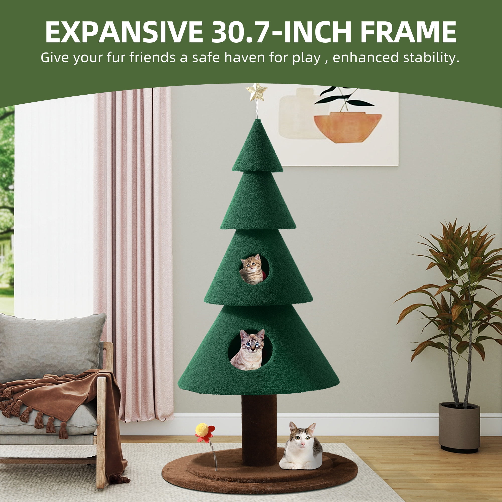 Uforic 60" Christmas Cat Tree,2-Tier Cat Condos, Large Cat Tower with the flower shaped cat teasing stick ,Green