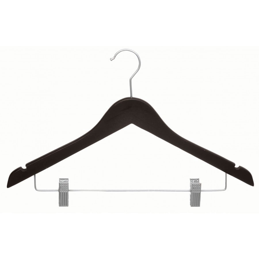Wood Combo Hanger w/ Cushion Clips, Box of 25, 17 Inch Flat Wooden Hangers w/ Espresso Finish & Brushed Chrome Hardware & Notches for Shirt Jacket or Dress