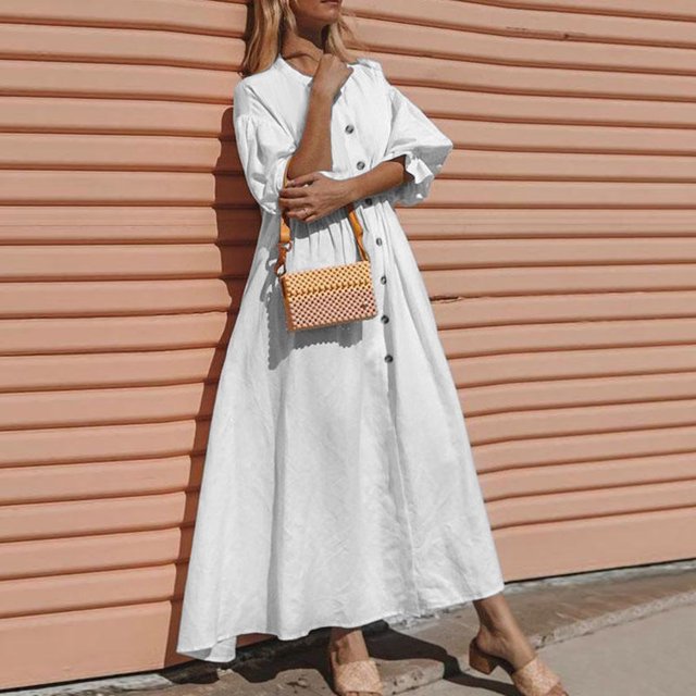 Vestido maxi suelto de algodón de verano para mujer, vestido largo vintage de gran tamaño Eccomum Blanco/3X-grande