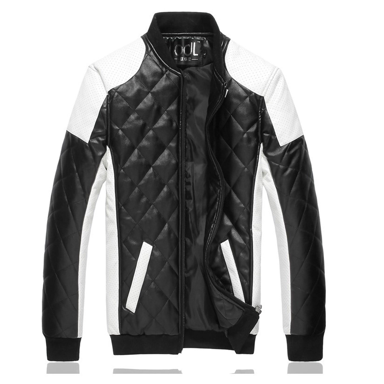 YODETEY Men Casual Color Matching Leather Stand-Up Collar Zipper Jacket Coats Black 16(XXXXXL)