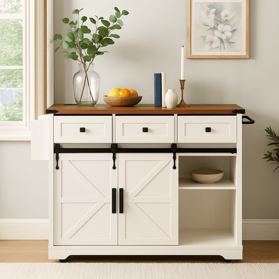 53.7" Farmhouse Kitchen Island with Power Outlets, Double Sliding Barn Doors, Foldable Countertop, Rolling Kitchen Cart with Spice Rack, Kitchen Storage Island for Home or Dining Room, White