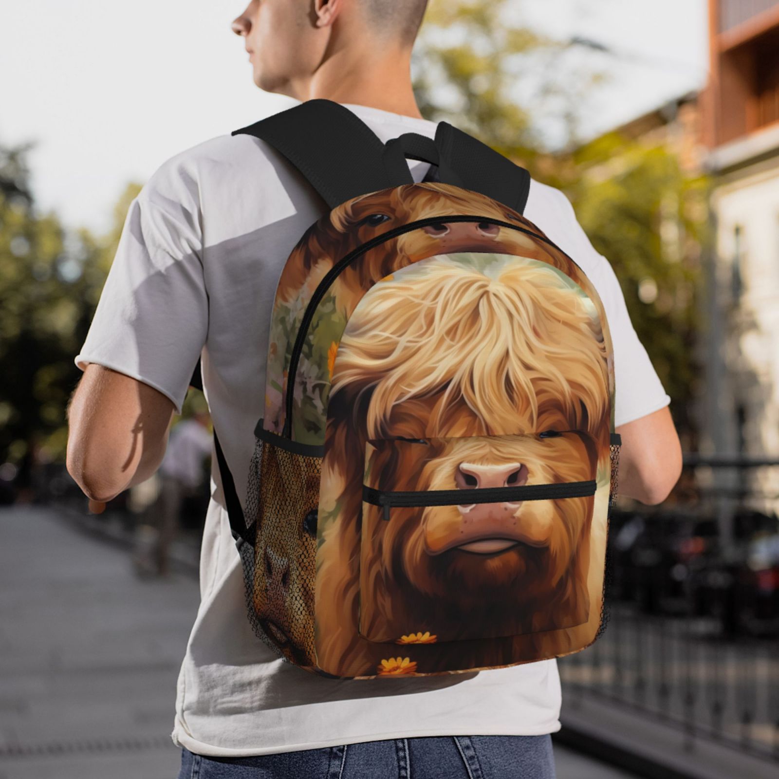 Horeoi Cute Floral Cow Print Casual Backpack for School Work Travel Hiking with Laptop Compartment and Side Pockets Lightweight Design
