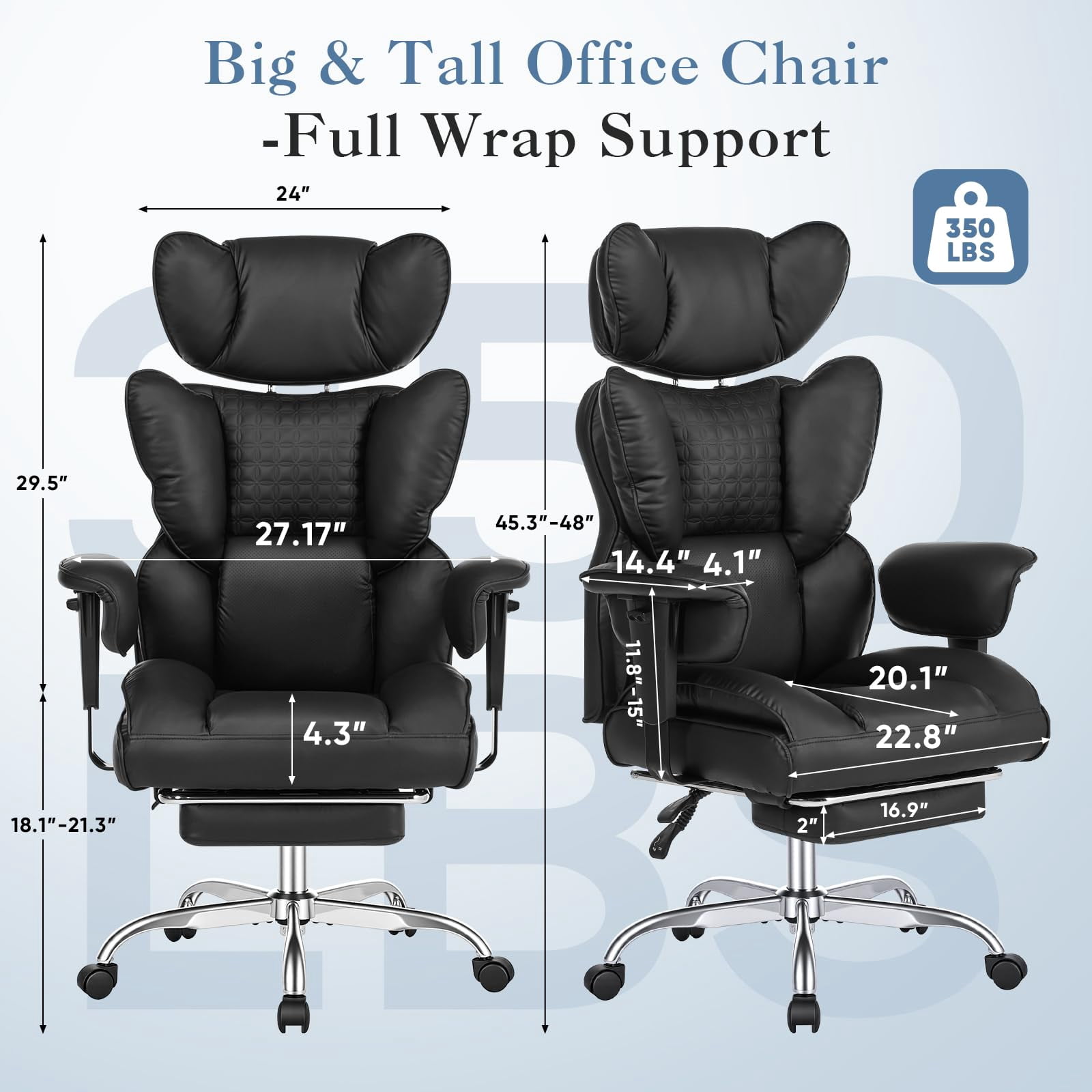 Simple Deluxe Big and Tall Office Chair 350 lbs, PU Leather Executive Desk Chair with Footrest, Pocket Spring Cushion, Ergonomic Reclining Computer Chair for Home Office, Black