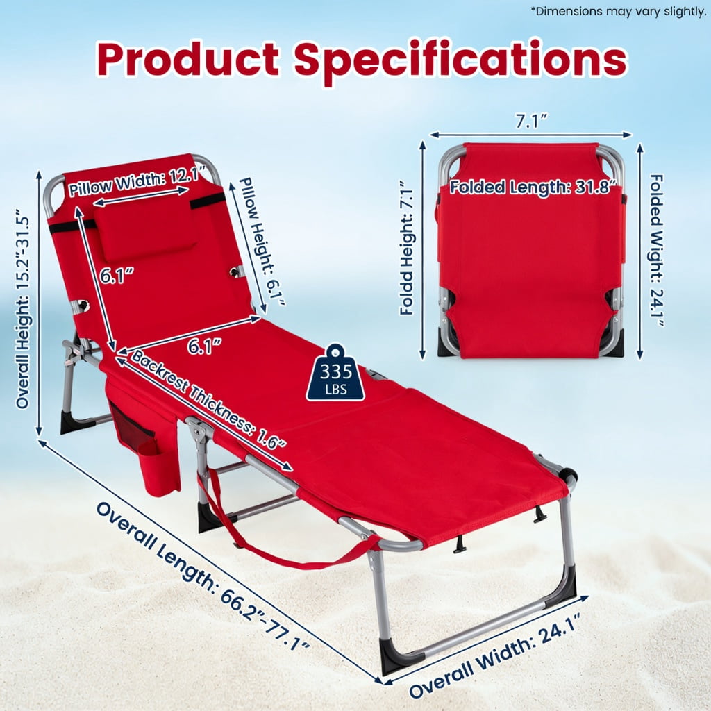 Hommoo Portable Folding Tanning Chair with Face Hole & Adjustable Backrest, UV-Resistant Oxford Fabric, Red