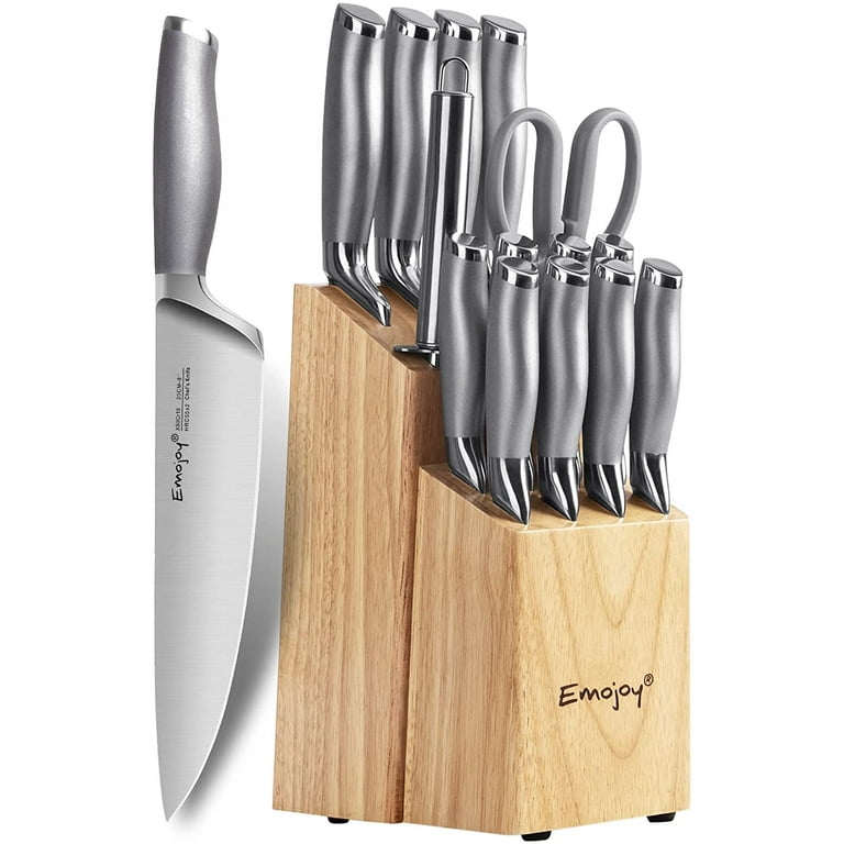 Emojoy Knife Set with Block, 15 Pieces Kitchen Knife Set with Built-in  Sharpener, German Stainless Steel Sharp Chef Knife Set with Hollow Handle