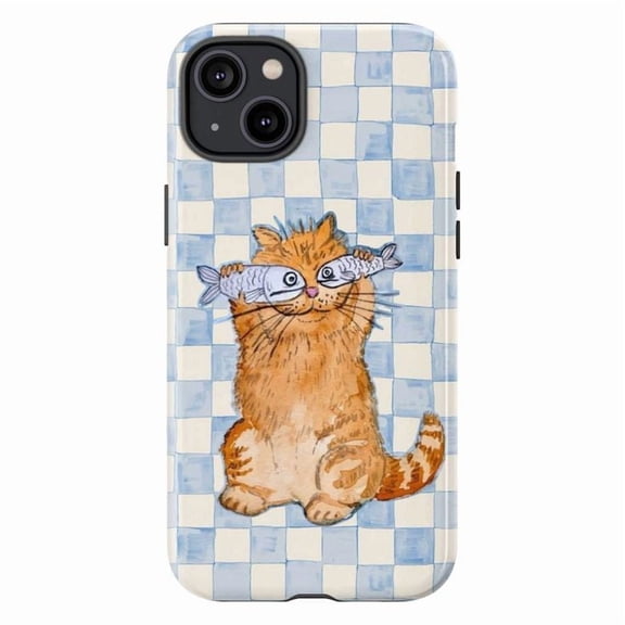 Cute Orange Cat with Fish Glasses Phone Case, Playful Cartoon Kitten on Blue and White Checkered Background, iPhone 16 15 14 13 12 11 Pro Max Mini Cover