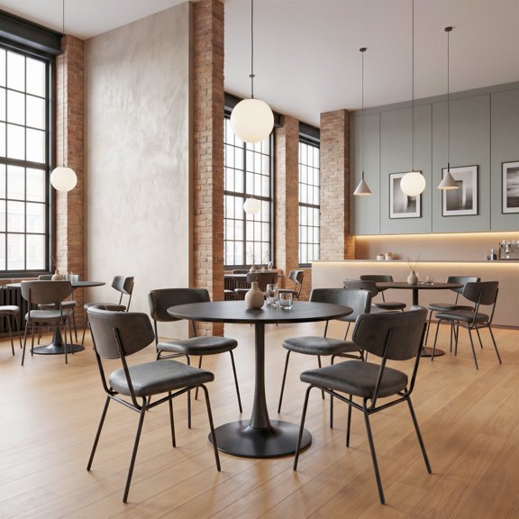 Opus Dining Table Black Dining Table, Modern Style, Faux Wood MDF round shape tabletop, Steel, Indoor Dining