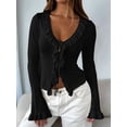 thumbnail image 5 of Women Ruffle Tie Front Cardigan Sweater Long Bell Sleeve Cropped Knit Sweater Top Black L, 5 of 7