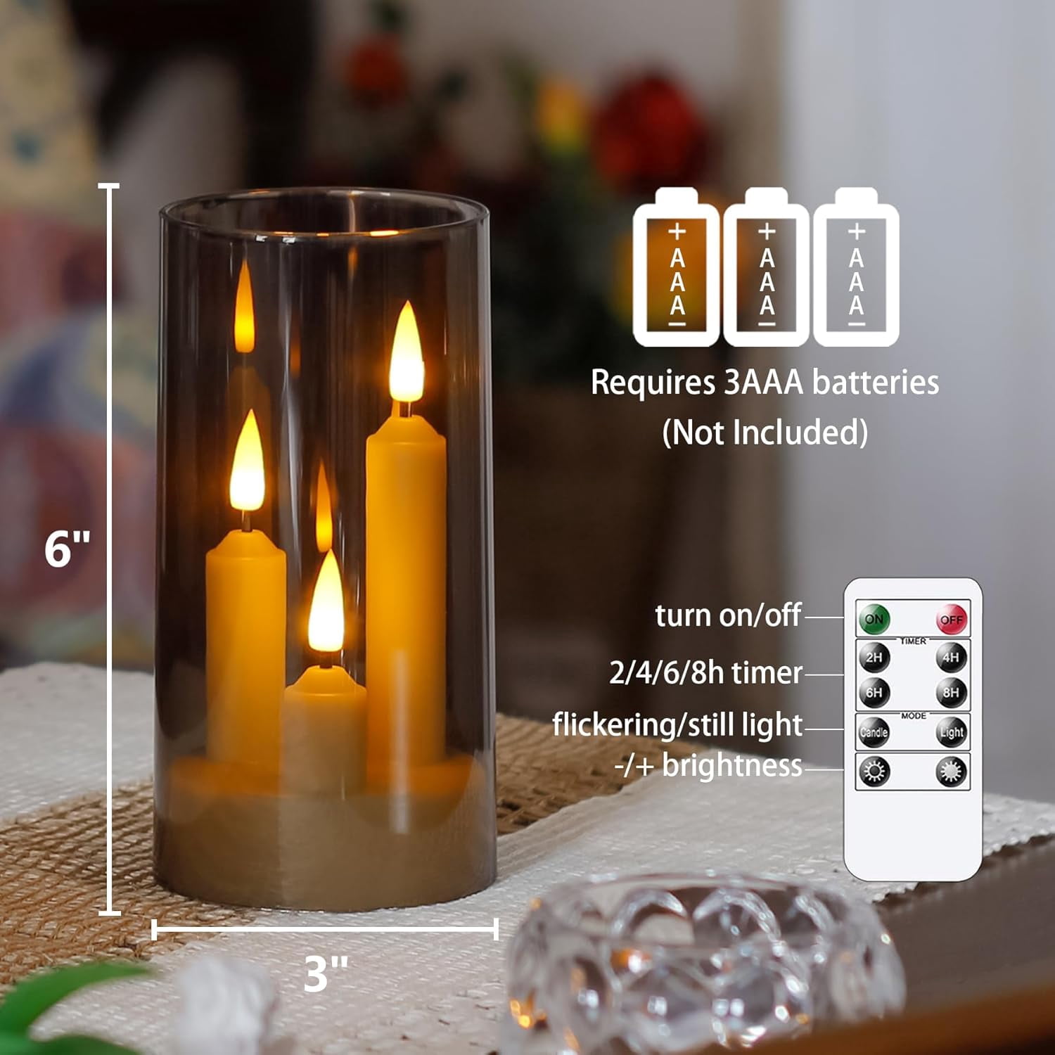 3 in 1 Flameless Taper Short Candles with 10 Key Remote Control and Timer, Battery Operated Pack of 2 LED Acrylic 3" x6" Grey Pillar Flickering Warm Light