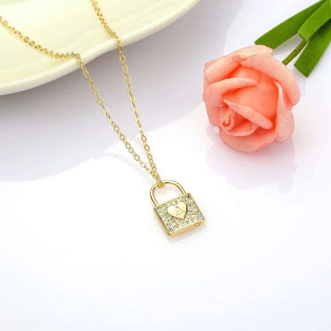 Gold Initial Lock Necklaces for Women 