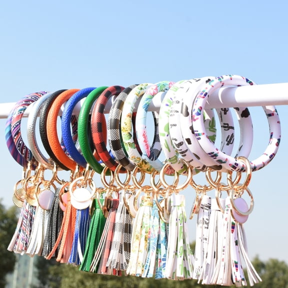 jiaroswwei Fashion Women Round Enamel Tassel Pendant Bracelet Bangle Keychain Wrist Strap