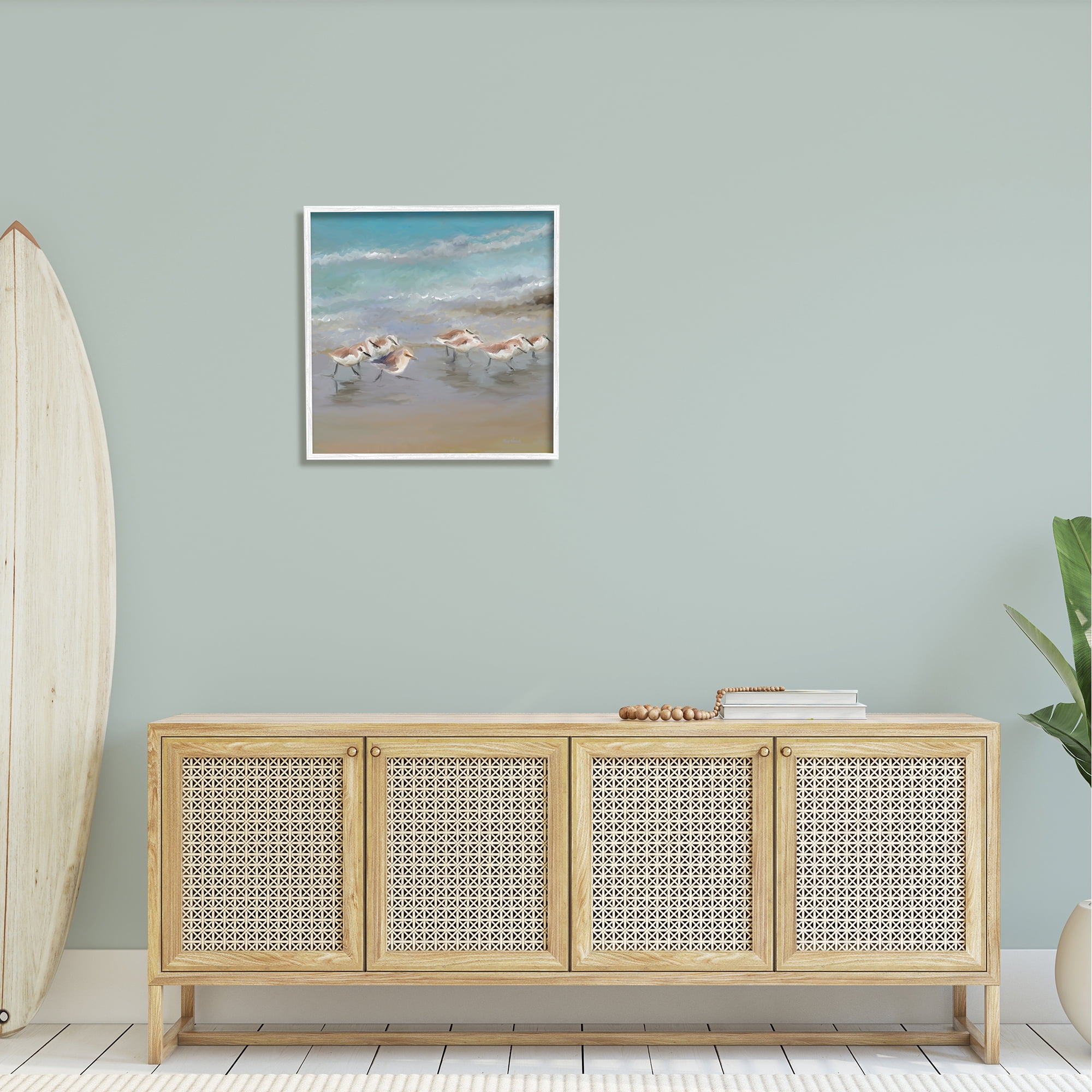 Stupell Coastal Sandpipers Beach Waves Shore Landscape Painting White Framed Art Print Wall Art