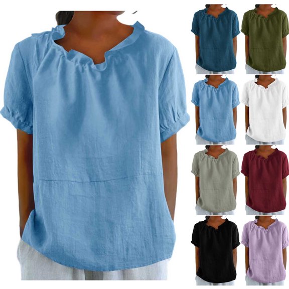 GUACER Women's Cotton Linen Ruffle Neck Short Sleeve Tops Loose Fit Summer Blouses for Casual & Beach