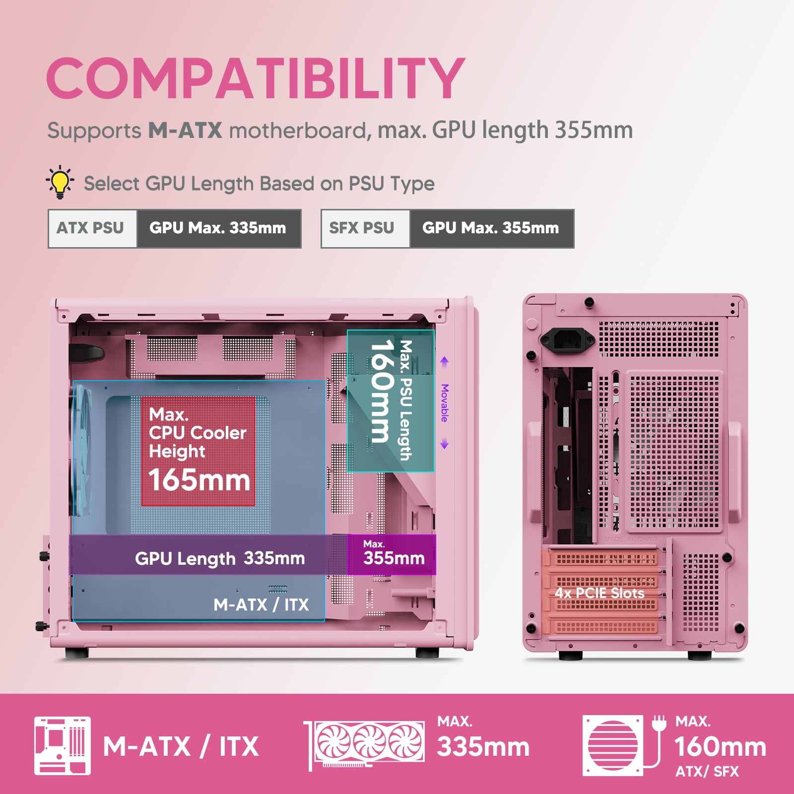 Vetroo M06 Micro-ATX/Mini-ITX Gaming PC Case, Compact High Airflow Mesh Mid Tower, Supports 5×120mm Fans & 240mm Liquid Cooling, GPU Up to 355mm, Adjustable PSU Mount, USB Type-C I/O - Pink
