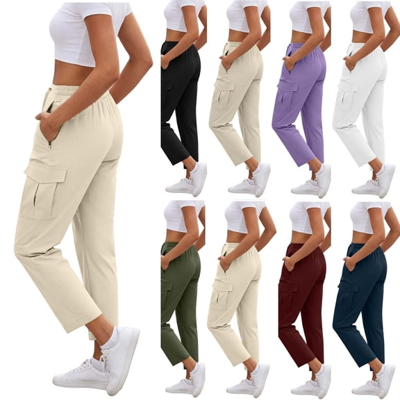 LVHAOGJOB Womens Cargo Pants Wide Leg with Pockets Pants Straight Leg Elastic Waist Athletic Trousers for Ladies